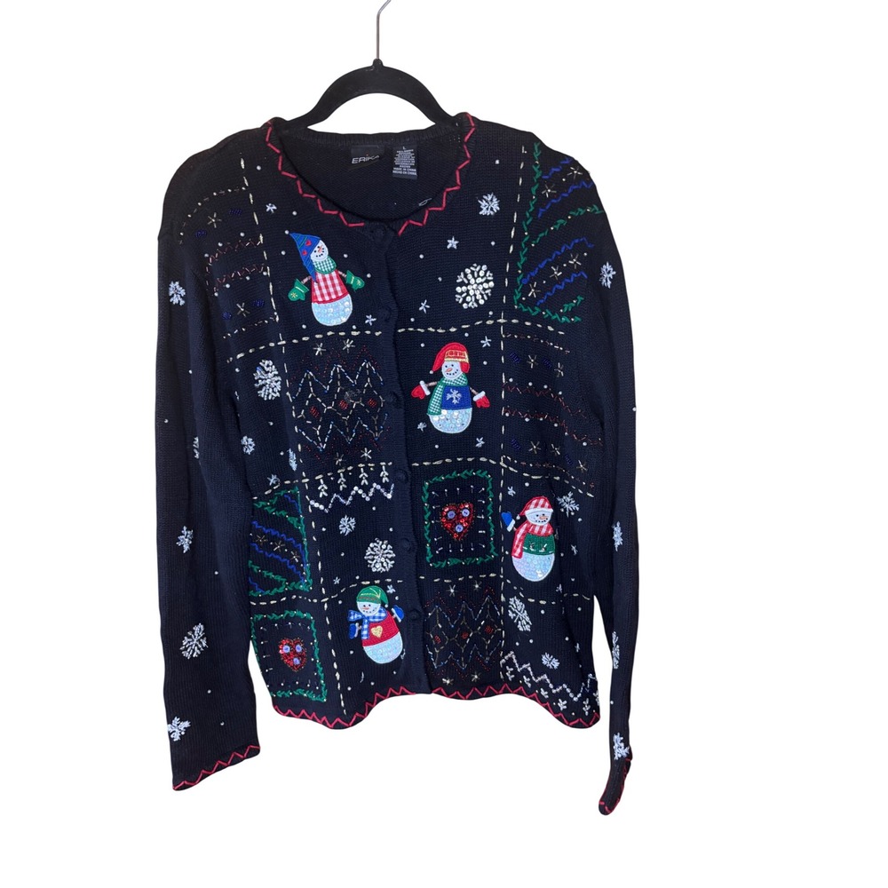 Erika Vintage Christmas Cardigan Sweater Black Snowman Beaded Sequin Women Large